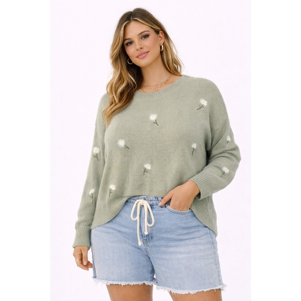 H&M Divided Sweater Women XL Green Daisy Embroidered Crewneck Cottagecore Top